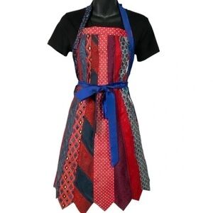 Designer Ties Kitchen Apron Handmade - Red and Blue Upcycled Neckties